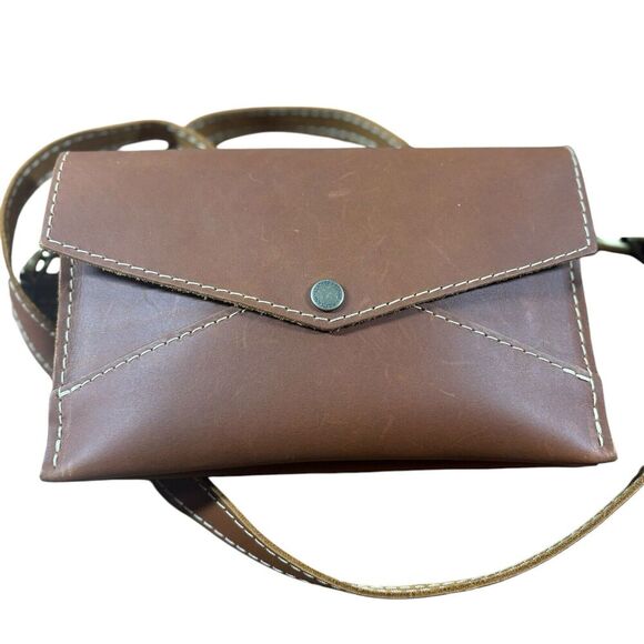Portland Leather Works Purse Womens Brown Small Stitched Envelope Crossbody New - Picture 12 of 14